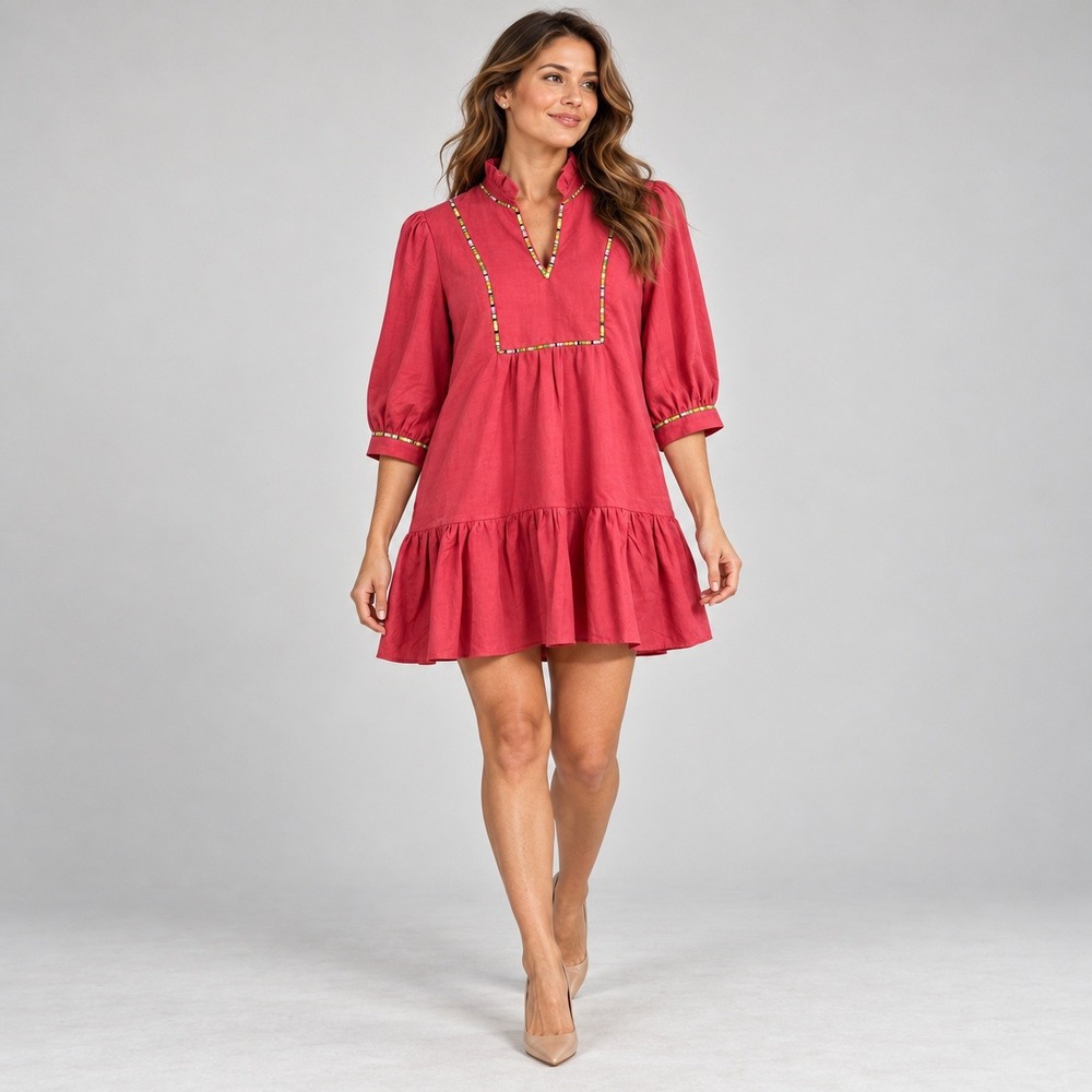 Abbey Glass Emmerson Tencel Linen Babydoll Mini Dress Womens XS Pink Ruffle